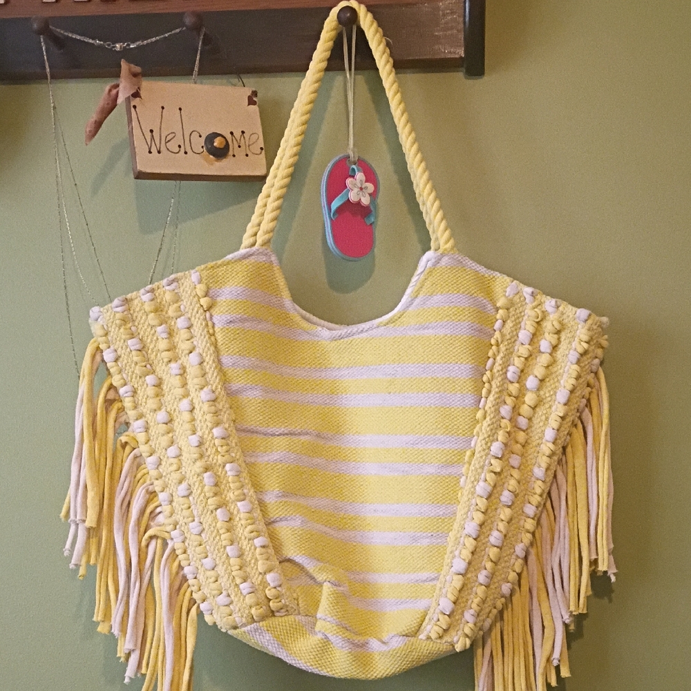 Striped Woven Fringe Tote Bag NWT